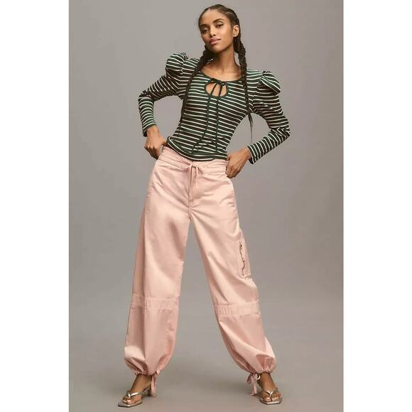 Porridge Top Womens XXS Black White Striped Puff Sleeve Keyhole Anthropologie - Picture 15 of 16